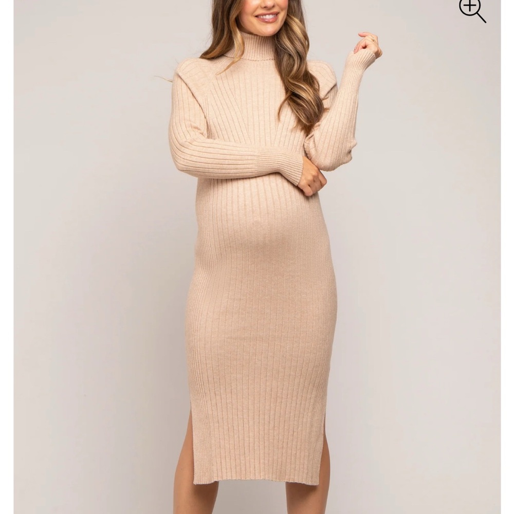 Beige Long Sleeve Turtleneck Maternity Sweater Dress